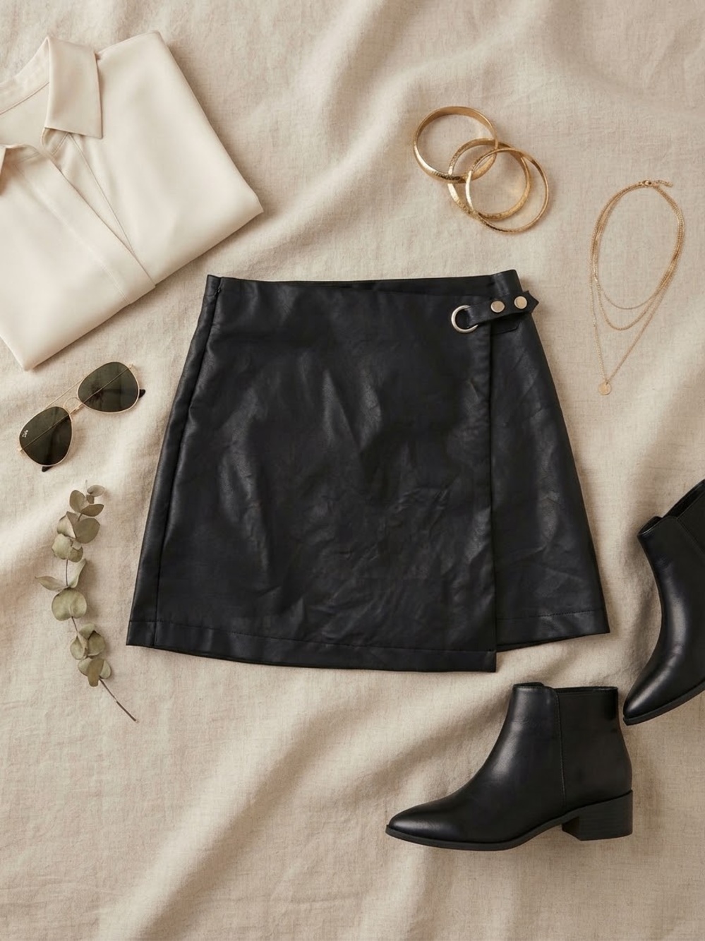 Mi Ami Black Faux Leather Wrap Mini Skirt with Ring Detail